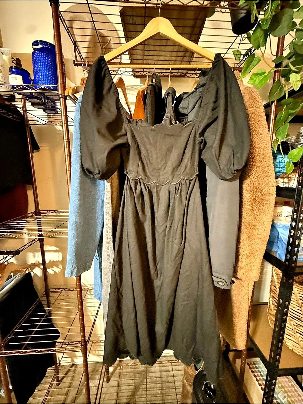 o.p.t Scalloped Puff Sleeve Open Back Midi Dress Black Medium